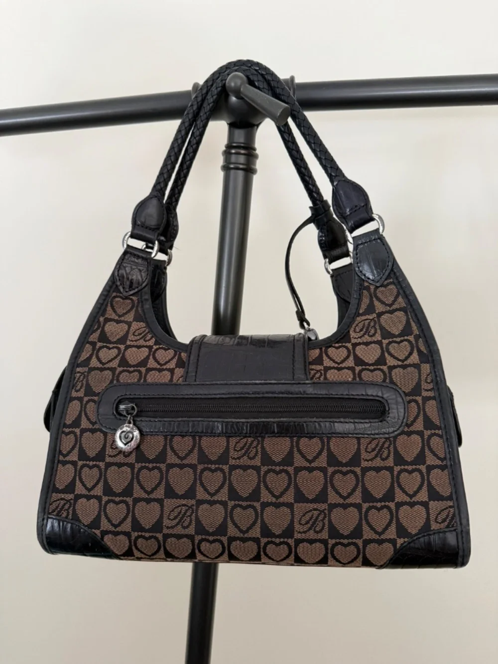 Vintage Brighton Jamie Signature Heart Canvas Hobo Bag Brown Black